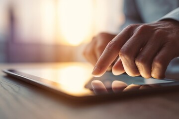 Close-up of a person’s hand using a digital tablet with a soft warm light background. Modern technology and communication concept.