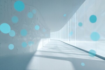 Abstract white hallway with soft light and floating blue circular elements. Minimal futuristic interior design concept.