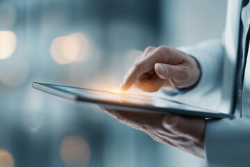 Close-up of woman’s hands using digital tablet with glowing touch screen indoors. Modern business, innovation, and digital workflow concept.