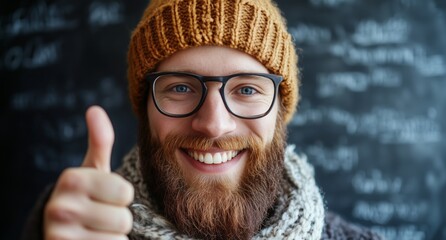 Man With Glasses and Orange Beanie Smiles While Giving Thumbs up in a Classroom Setting During Daytime