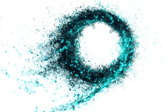 Abstract turquoise energy swirl made of glowing particles and dust explosion on white background. Futuristic motion and energy concept.