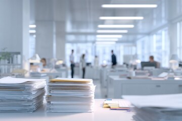 Stacks of paperwork on desk in bright modern office interior. Business administration, overload, and documentation concept.