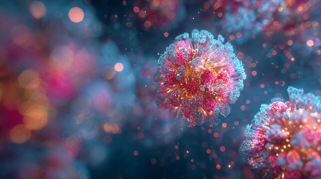 Vibrant microscopic view of glowing coronavirus particles illuminating a dark, abstract scientific background with bokeh effects