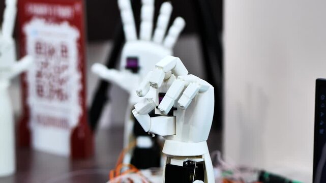 A person controls an artificial robotic arm via wires on their hand.