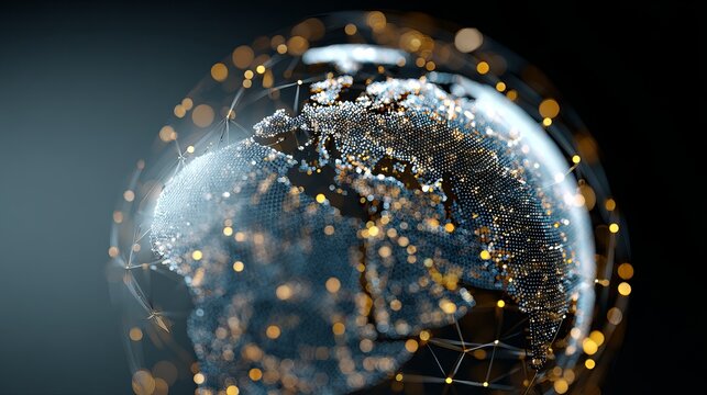 Dynamic digital globe with glowing connections, representing global network, data, and technology in a modern abstract style