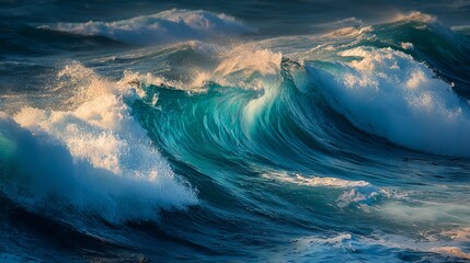 Stunning turquoise ocean wave crests with golden sunlight illuminating spray and foam, capturing nature's raw power and beauty in motion.