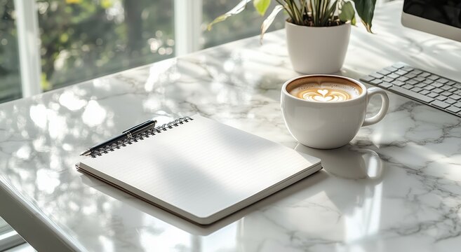 Cozy Workspace With Coffee and Notebook During Bright Morning Light