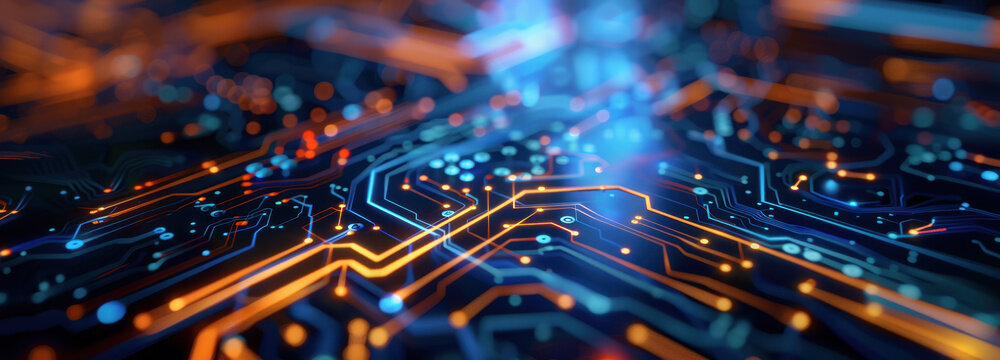 Circuit Board's Electronic Symphony: A captivating view of a circuit board, where lines of neon light depict data flow, showing cutting edge technology