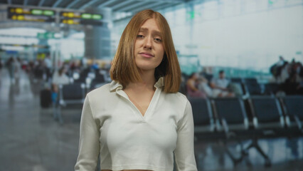 Young blonde woman in cropped top clenches fists near head at airport terminal; frustration annoyance exasperation stress.