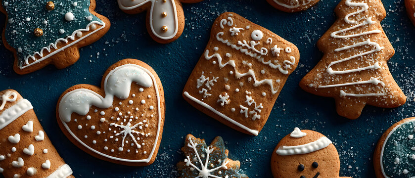 A collection of beautifully decorated gingerbread cookies in holiday shapes on a dark blue background, capturing festive joy. - Powered by Adobe