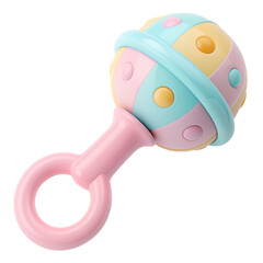 A plastic baby rattle toy, pastel color palette, 3D render, isolated on transparent background