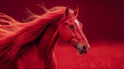 Naklejka premium Majestic Red Horse Running in Vibrant Field of Crimson Grass Under Dramatic Lighting