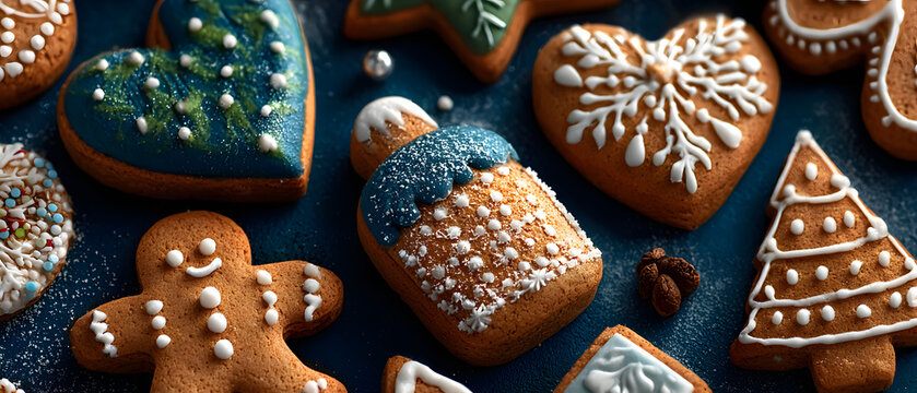 A collection of beautifully decorated gingerbread cookies in holiday shapes on a dark blue background, capturing festive joy. - Powered by Adobe