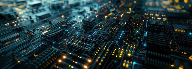Cyber Circuitry: A captivating close-up of a complex circuit board, a maze of pathways and components illuminating with electric vitality. Evoking a sense of technological marvel and innovation.