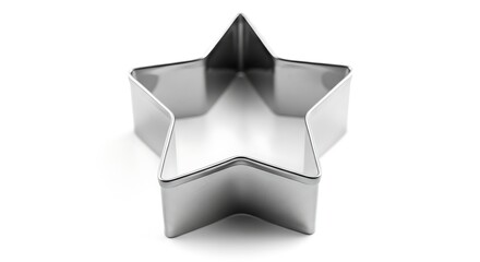 A close-up studio shot of a single, shiny metal star-shaped cookie cutter on a white background.