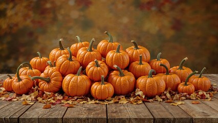 A collection of pumpkins on a wooden surface with autumn leaves all around.