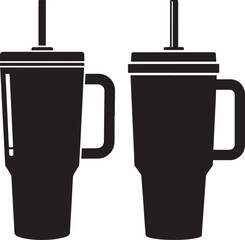 Obraz premium Two black silhouette tumbler cups with straws and handles silhouette