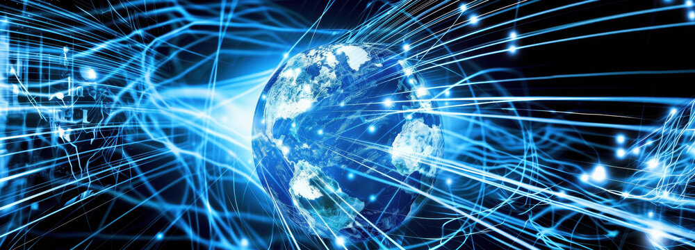 Global Connection: The Earth is at the center, encompassed by a network of interconnected lines, a visual depiction of the digital world.