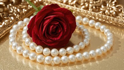 A red rose and pearl jewelry on a golden surface.