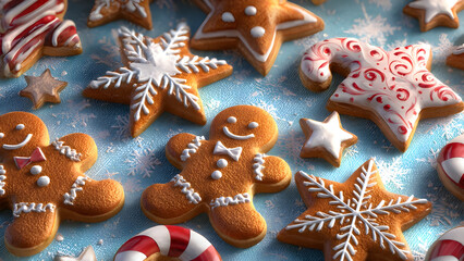 Festive gingerbread cookies with holiday icing on blue background