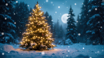 Obraz premium Christmas tree glowing in a snowy forest with a full moon