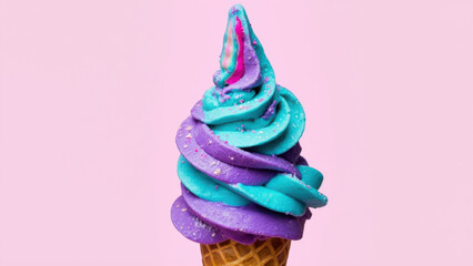 Colorful soft serve ice cream cone with a pink background