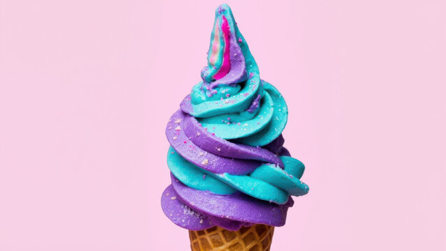 Colorful soft serve ice cream cone with a pink background