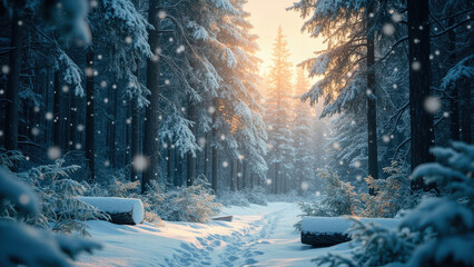Snowy forest scene with a path leading through snow-covered trees at sunset