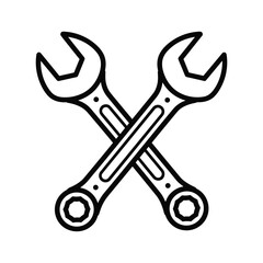 Two crossed open end wrenches black outline on white background spanner tool