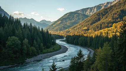 River flowing through a lush green forest and mountain landscape with clear sky and distant peaks.