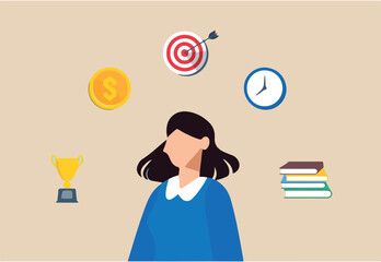 Flat illustration of woman imagining future goals and life aspirations with time money ideas education skills and success career planning ambition and employee personal development