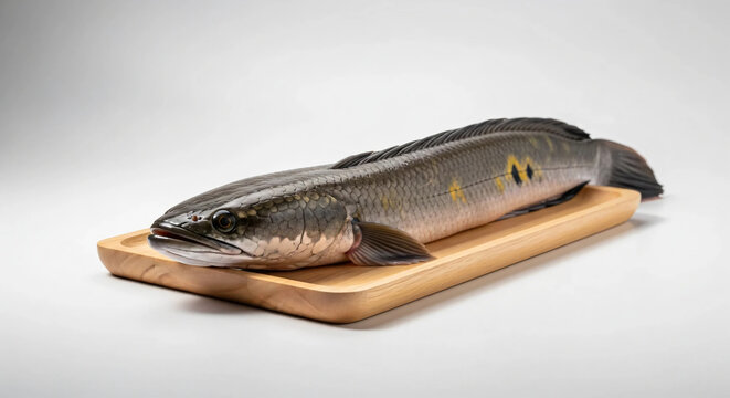 Snakehead fish on a wooden surface
