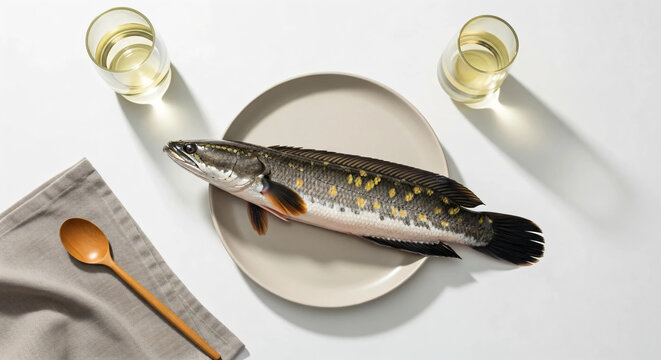 Snakehead fish over white plate
