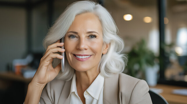 Smiling older Caucasian businesswoman speaking on smartphone in her modern office, copy space - Powered by Adobe