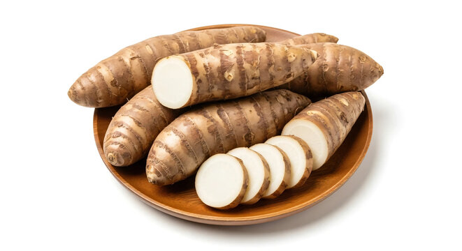 Organic arrowroot rhizomes isolated on white background, maranta arundinacea is called umbi garut in Indonesia, tropical plant roots
