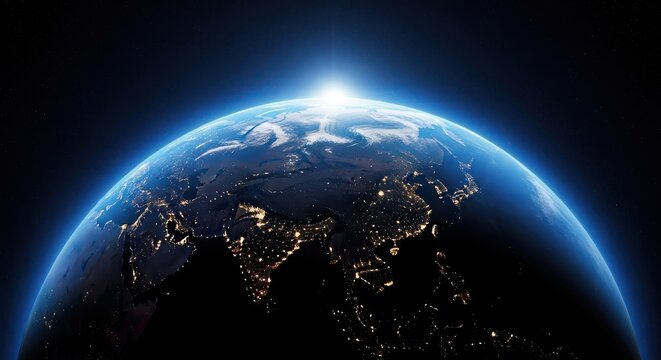 Sunrise over earth from space, showing illuminated continents and the thin blue atmosphere, with stars in the background, representing global connection and the dawn of a new day