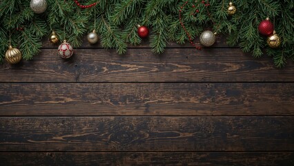 Festive Christmas decorations hanging from green pine branches with baubles and ornaments on dark wooden background.