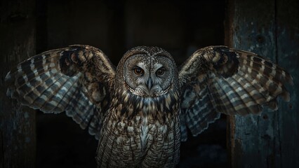 Fototapeta premium A majestic owl with outstretched wings inside a dark, rustic setting. Wildlife and nature, nocturnal bird, nocturnal creatures, bird photography. The image of an owl with wings spread wide.
