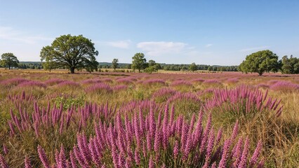 Fototapeta premium A field of purple heather with scattered trees and a clear blue sky.
