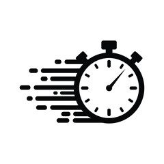 Black stopwatch icon with motion lines indicating speed and urgency timer time