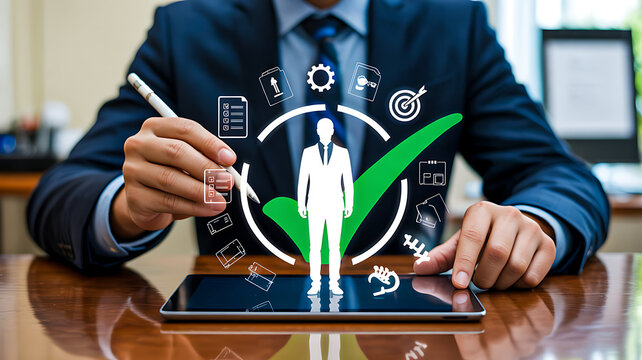 Business professional using tablet with glowing icons and green checkmark symbolizing evaluation, approval and digital strategy