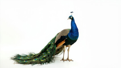 Naklejka premium Elegant peacock with vibrant blue and green plumage on a clean white background