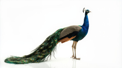 Fototapeta premium Elegant peacock with vibrant plumage isolated on a clean white background