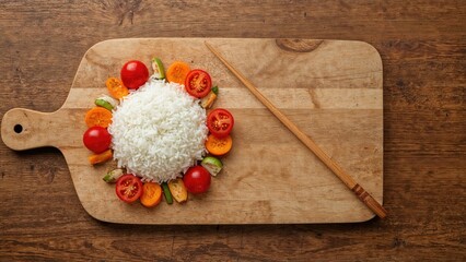 A serving of rice with cherry tomatoes and vegetables on a wooden cutting board with chopsticks.