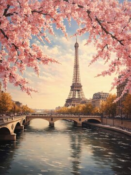 Eiffel Tower and Seine River with Pink Cherry Blossoms in Springtime Paris.
A breathtaking and romantic view of the iconic Eiffel Tower in Paris, framed by beautiful, blooming pink cherry blossom bran
