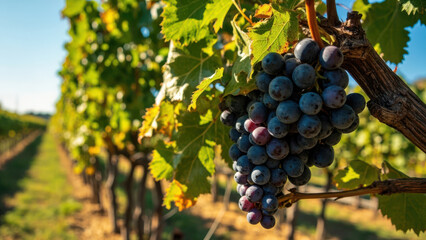 Fototapeta premium Ripe grapes hanging on the vine in a vineyard on a sunny day