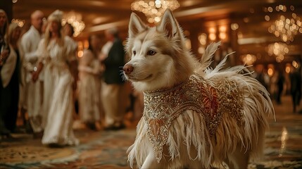 Elegant Siberian husky dog dressed in ornate attire attending a formal event creating a whimsical and luxurious atmosphere
