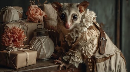 Sugar glider dressed in vintage clothing sitting among wrapped gifts creating a whimsical and charming scene