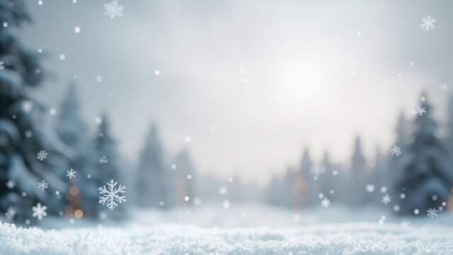 Winter wonderland scene with falling snowflakes and snow-covered trees - Powered by Adobe