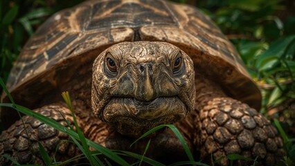 Naklejka premium Close-up of a tortoise's face with detailed head and shell, surrounded by green vegetation.